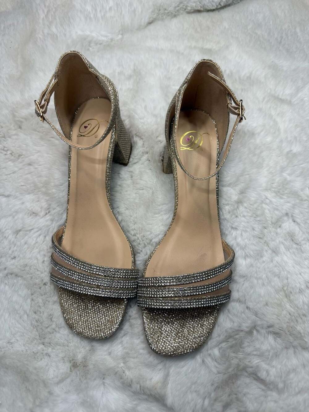 D'moda Gold Glitter Rhinestone Ankle Strap Block Heel Sandals
